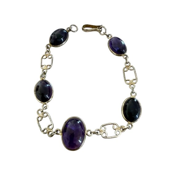 Sterling Silver Bezeled Amethyst cabochon Ovals Handmade 8" Bracelet - Picture 7 of 7